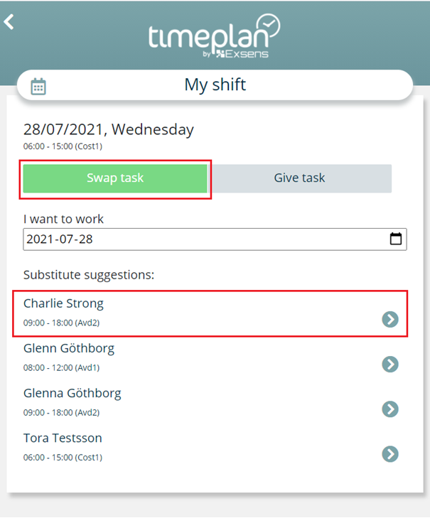 Switching work shifts via the app